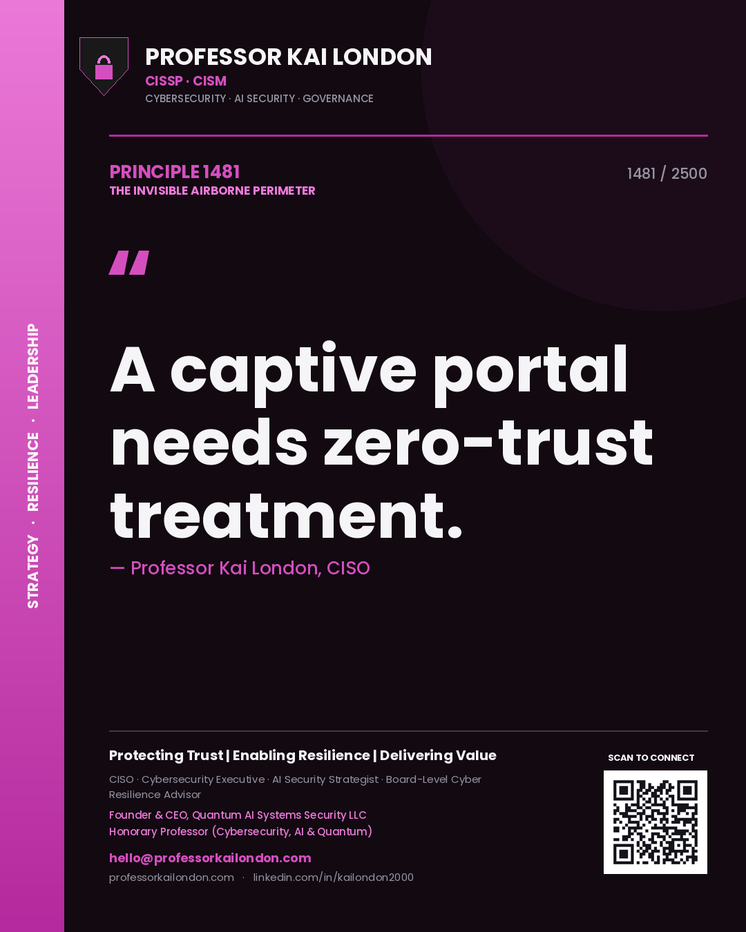 Quote card by Professor Kai London reading 'A captive portal needs zero-trust treatment.'. From the book The Invisible Airborne Perimeter.