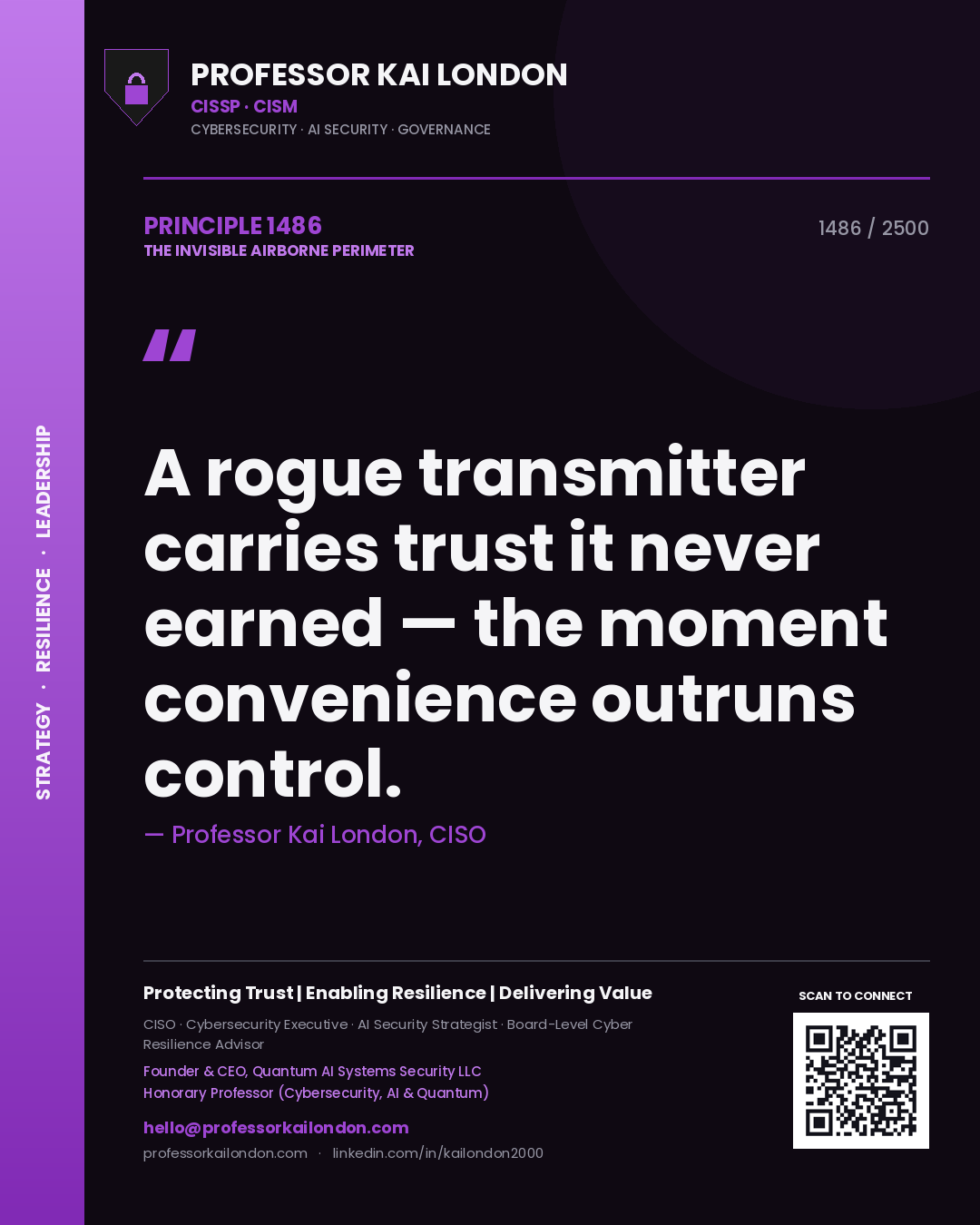 Quote card by Professor Kai London reading 'A rogue transmitter carries trust it never earned — the moment convenience outruns control.'. From the book The Invisible Airborne Perimeter.