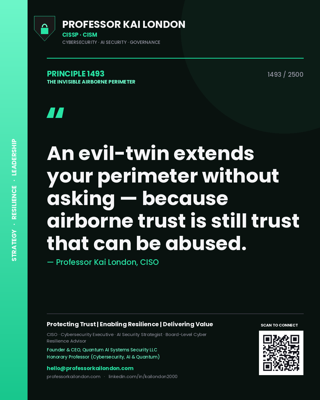 Professor Kai London principle 1493: An evil-twin extends your perimeter without asking — because airborne trust is still trust that can be abused.