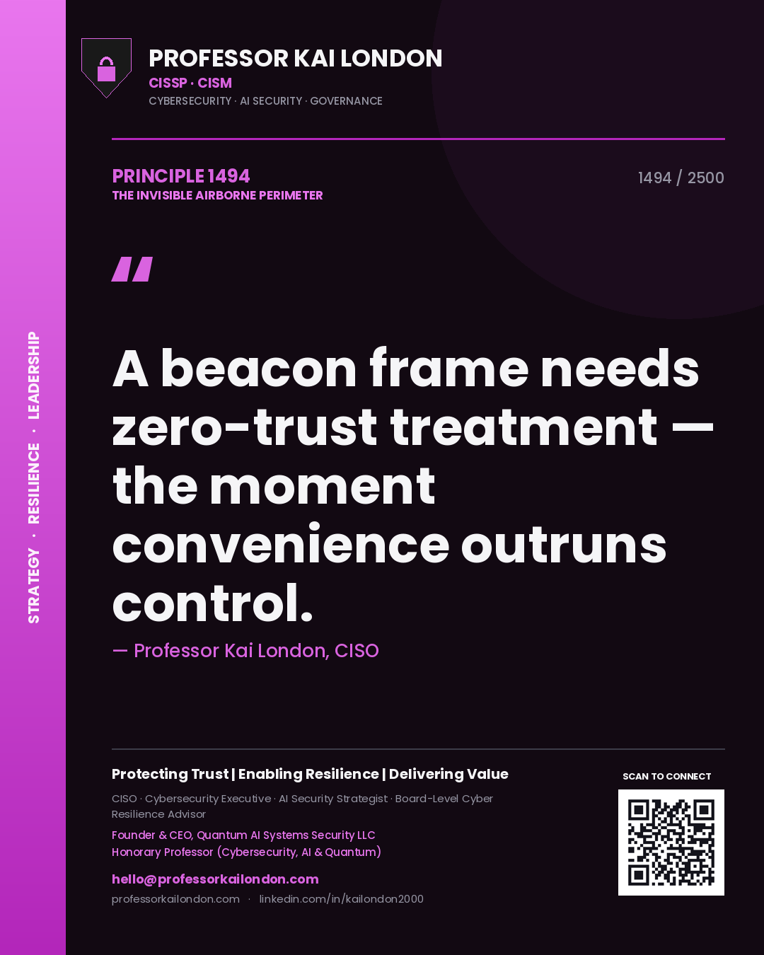 Quote card by Professor Kai London reading 'A beacon frame needs zero-trust treatment — the moment convenience outruns control.'. From the book The Invisible Airborne Perimeter.