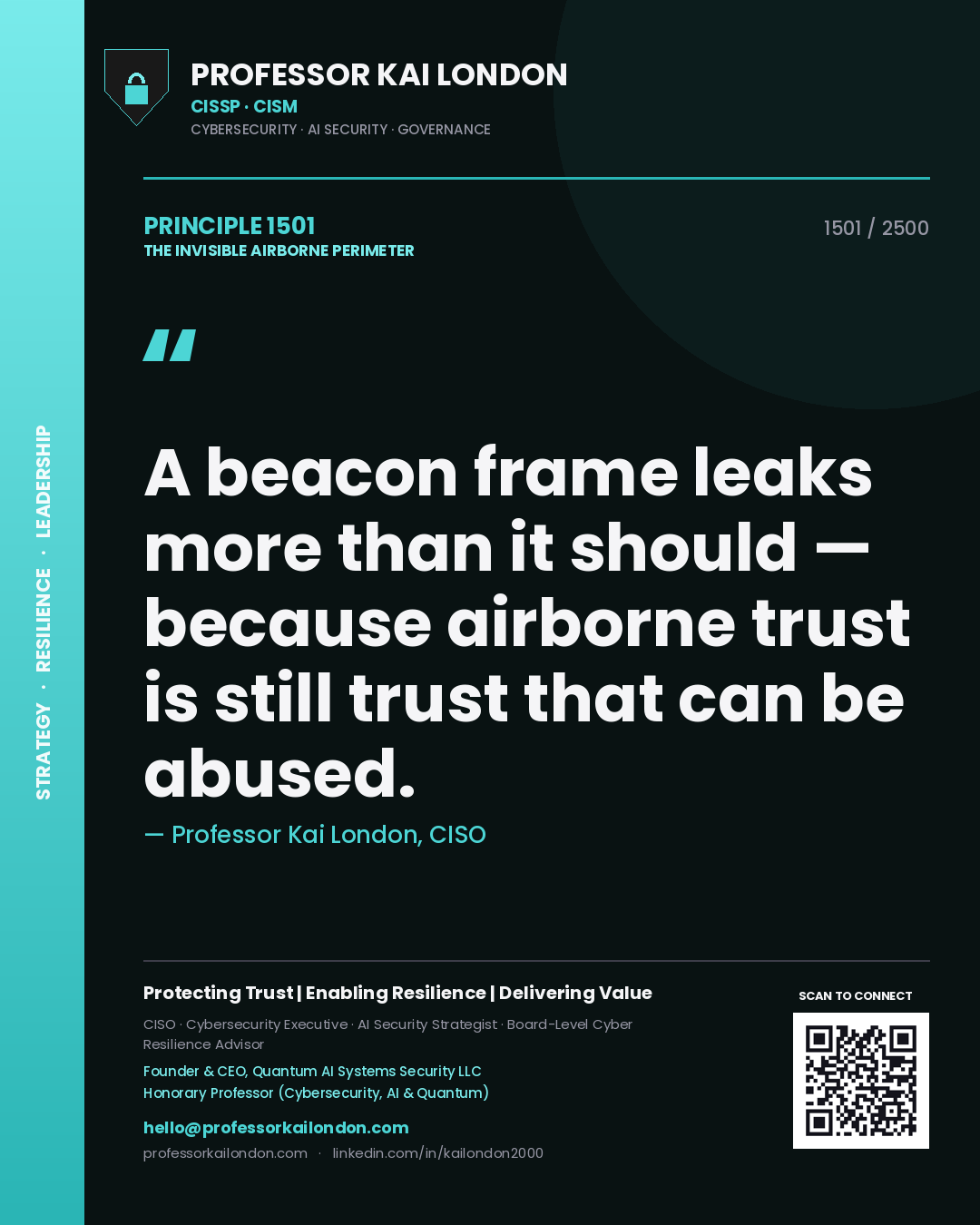Quote card by Professor Kai London reading 'A beacon frame leaks more than it should — because airborne trust is still trust that can be abused.'. From the book The Invisible Airborne Perimeter.