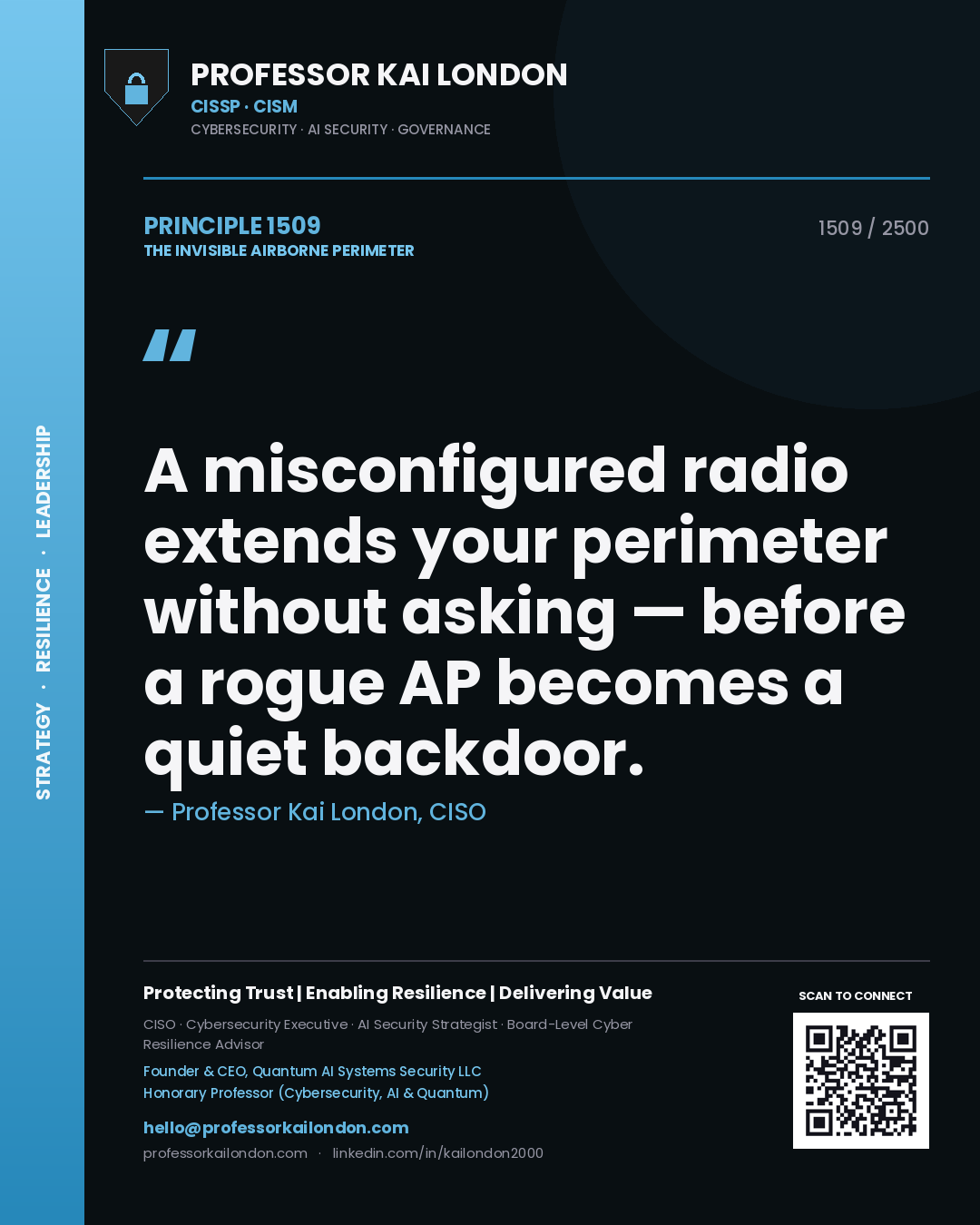 Professor Kai London principle 1509: A misconfigured radio extends your perimeter without asking — before a rogue AP becomes a quiet backdoor.