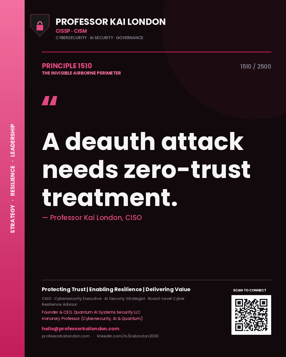 Quote card by Professor Kai London reading 'A deauth attack needs zero-trust treatment.'. From the book The Invisible Airborne Perimeter.