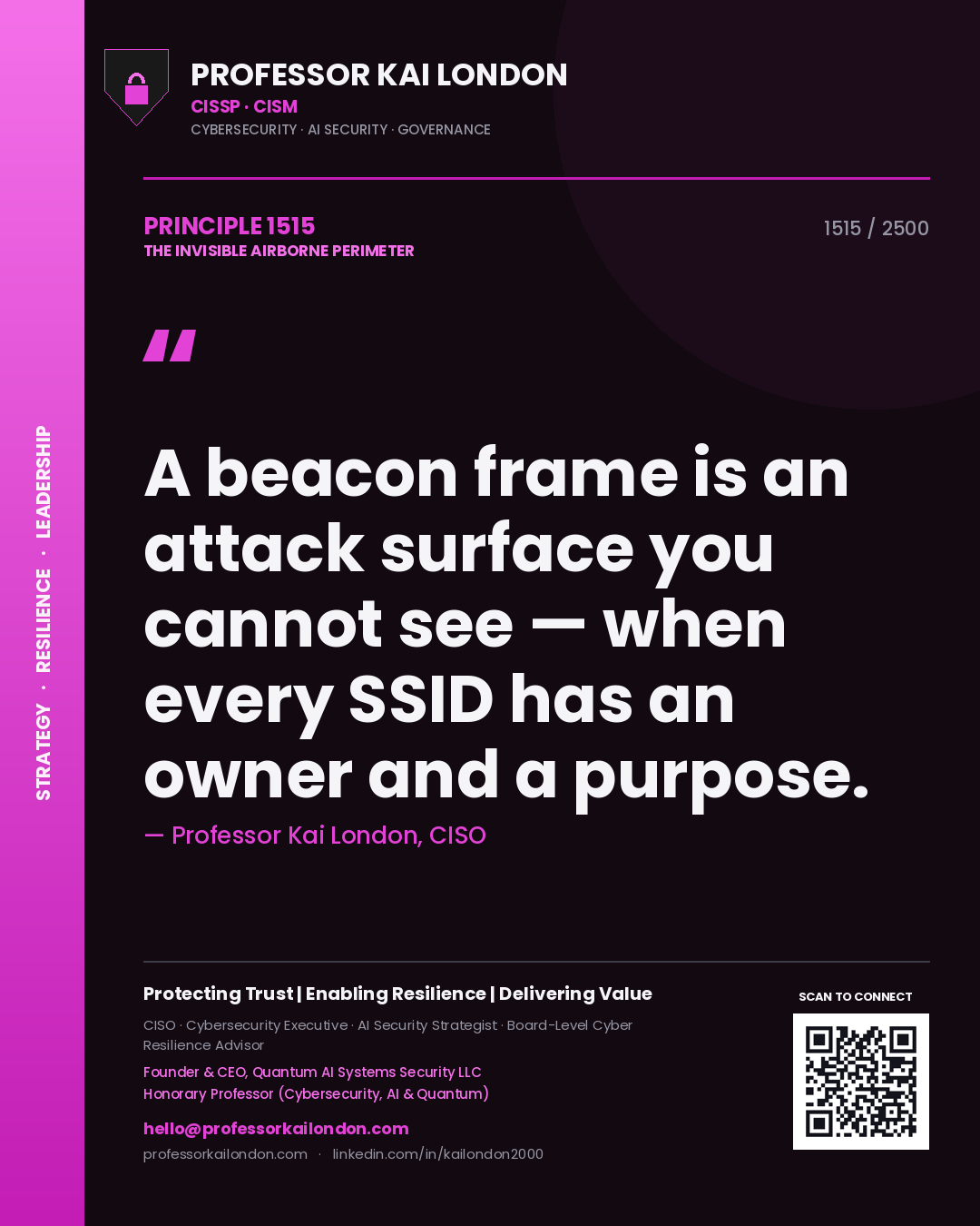 Professor Kai London principle 1515: A beacon frame is an attack surface you cannot see — when every SSID has an owner and a purpose.