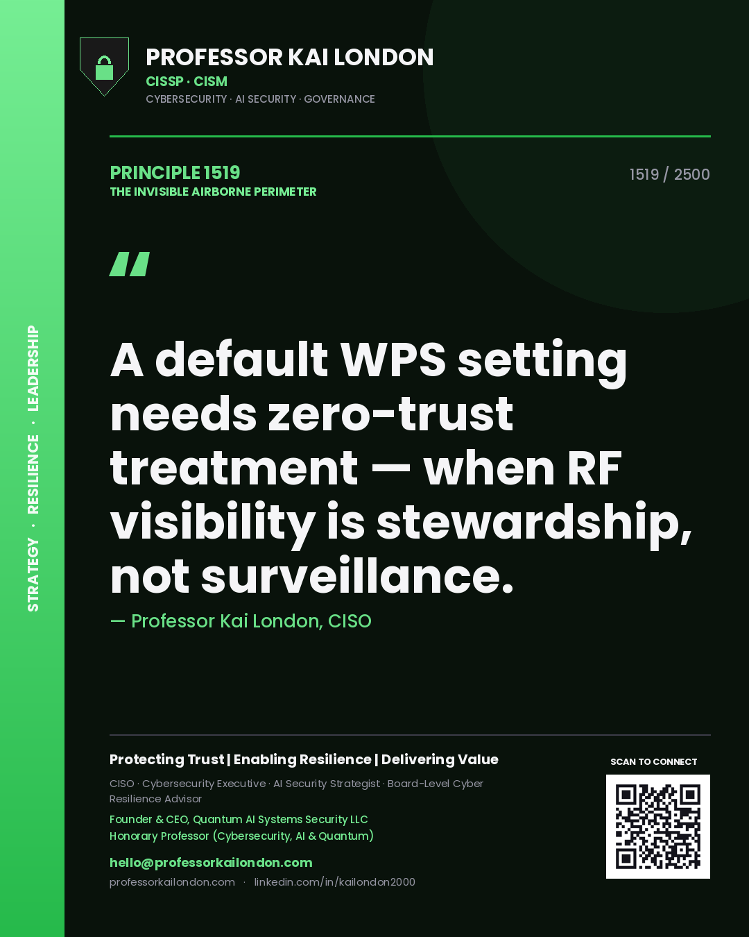 Professor Kai London principle 1519: A default WPS setting needs zero-trust treatment — when RF visibility is stewardship, not surveillance.