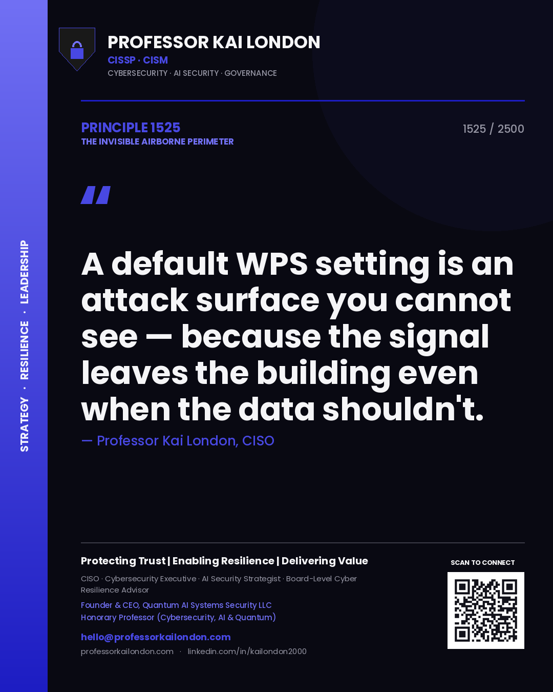 Quote card by Professor Kai London reading 'A default WPS setting is an attack surface you cannot see — because the signal leaves the building even when the data shouldn't.'. From the book The Invisible Airborne Perimeter.