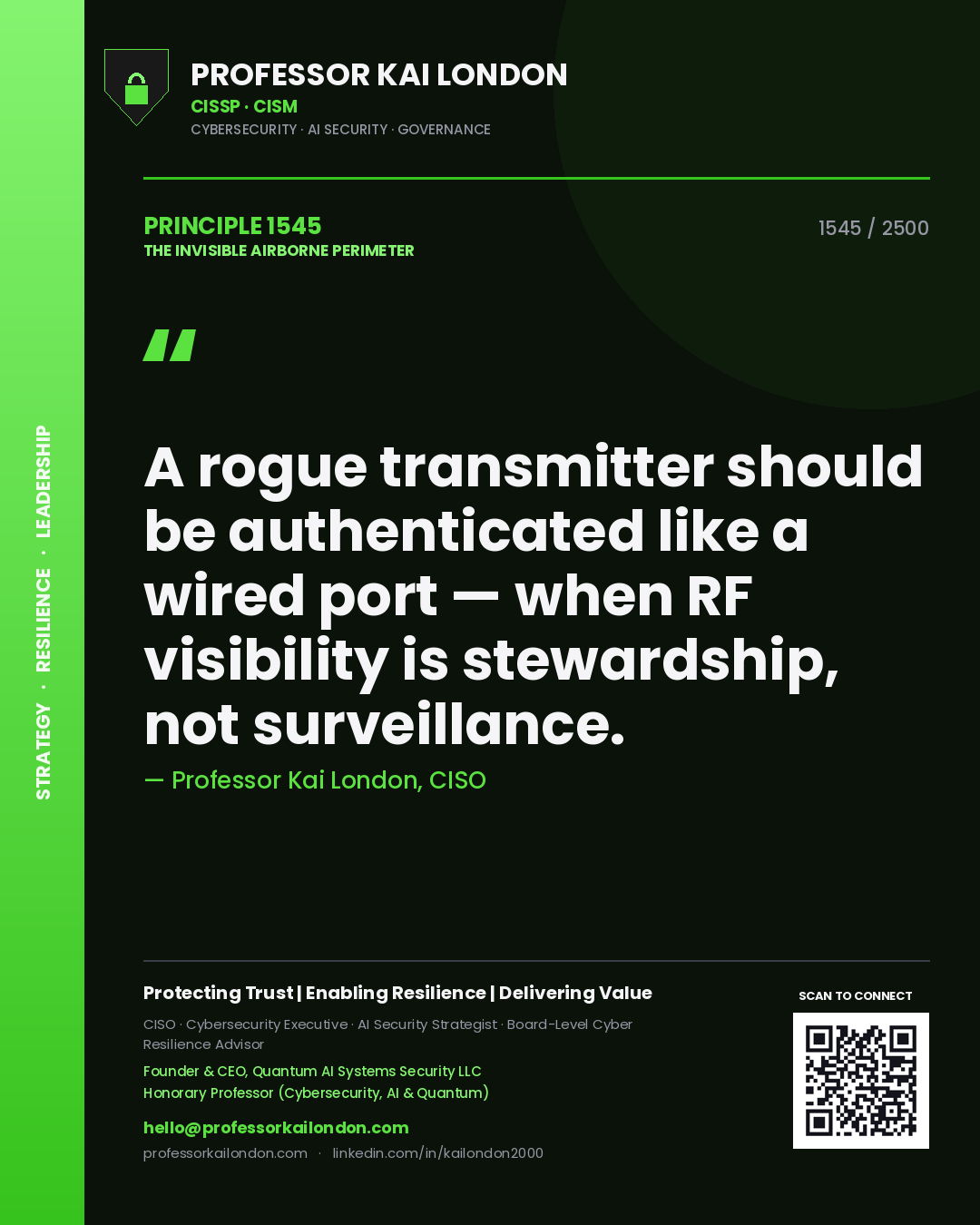Quote card by Professor Kai London reading 'A rogue transmitter should be authenticated like a wired port — when RF visibility is stewardship, not surveillance.'. From the book The Invisible Airborne Perimeter.