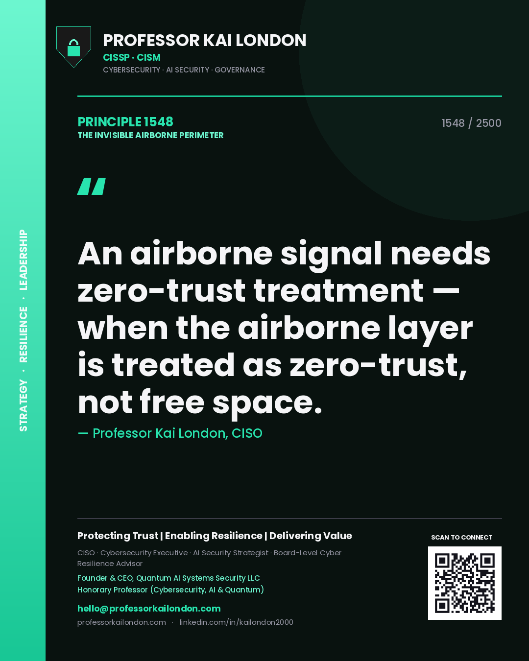 Professor Kai London principle 1548: An airborne signal needs zero-trust treatment — when the airborne layer is treated as zero-trust, not free space.