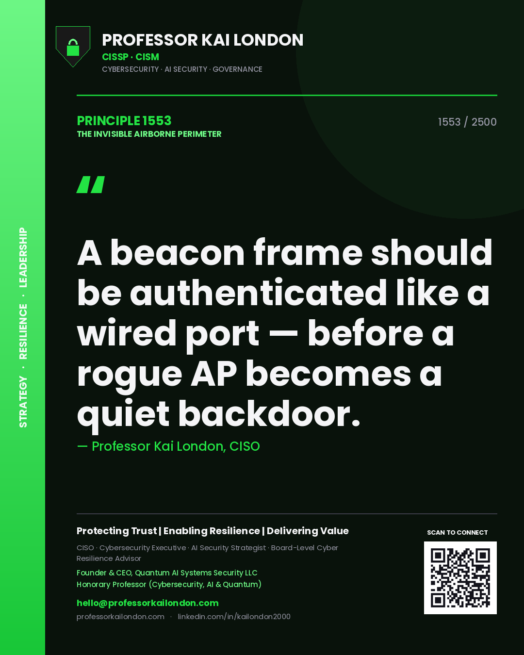 Professor Kai London principle 1553: A beacon frame should be authenticated like a wired port — before a rogue AP becomes a quiet backdoor.