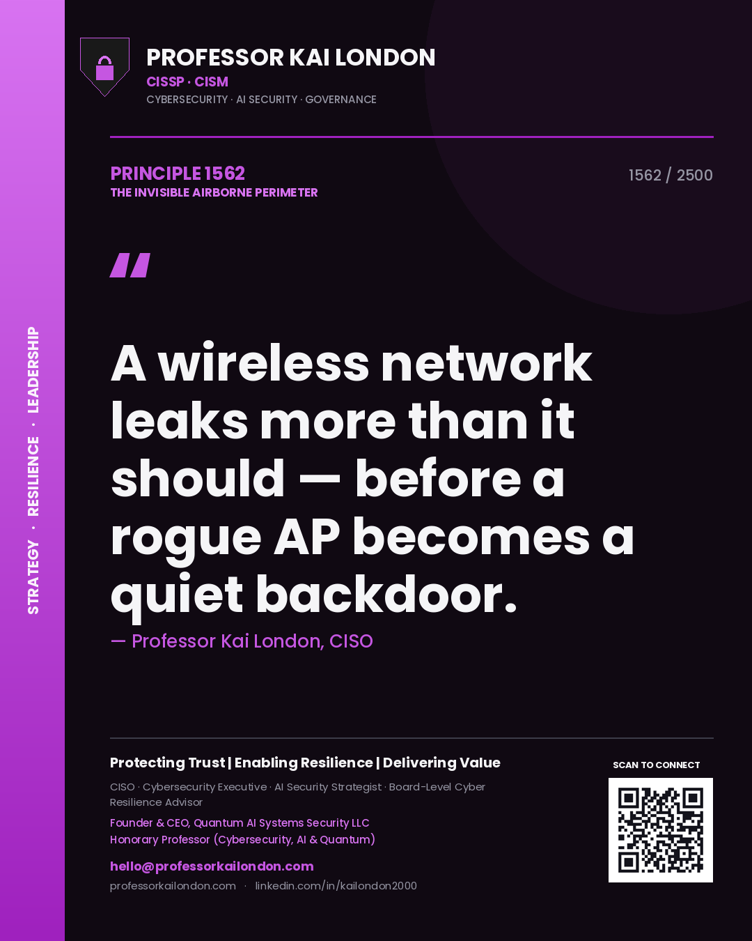 Professor Kai London principle 1562: A wireless network leaks more than it should — before a rogue AP becomes a quiet backdoor.