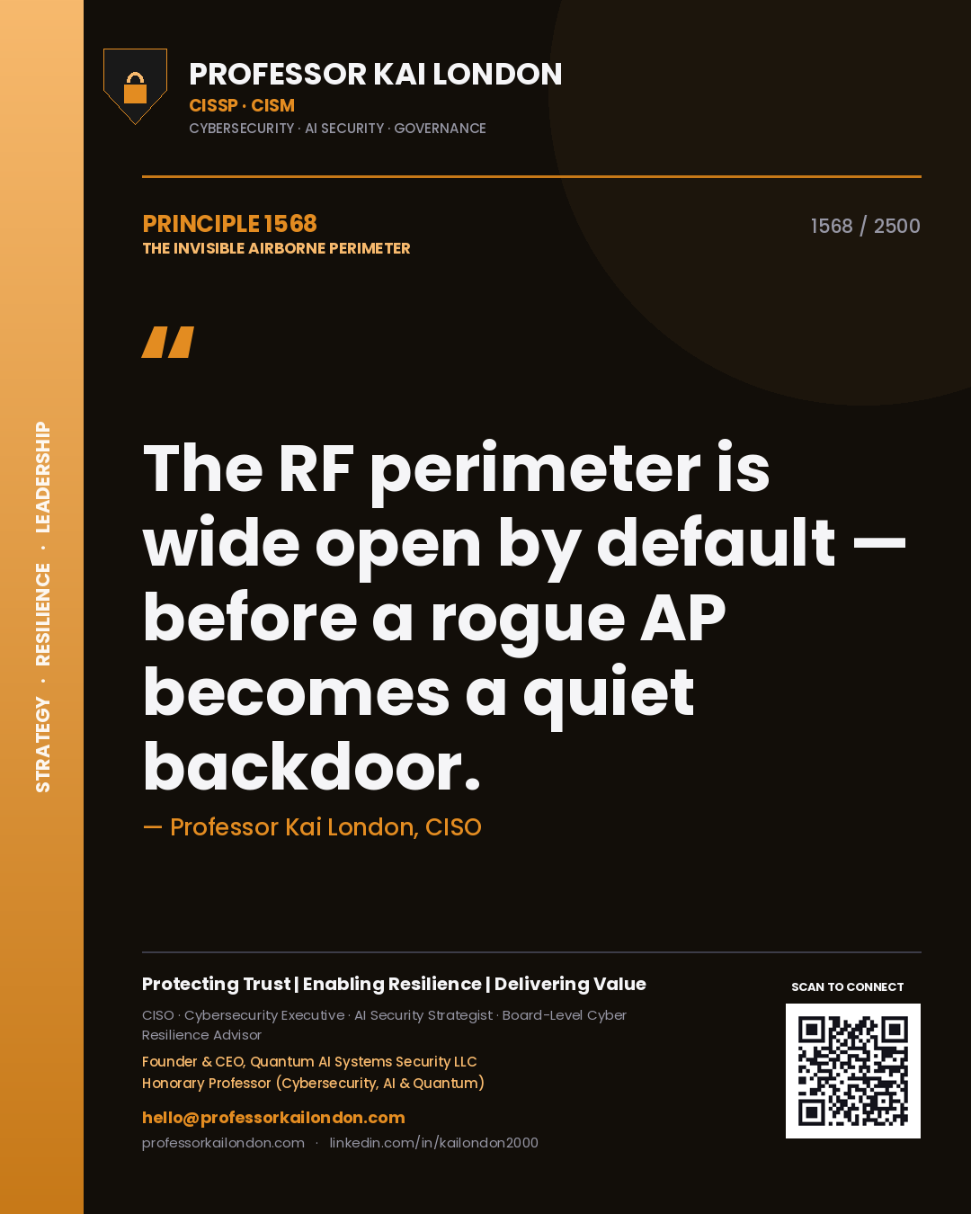 Professor Kai London principle 1568: The RF perimeter is wide open by default — before a rogue AP becomes a quiet backdoor.