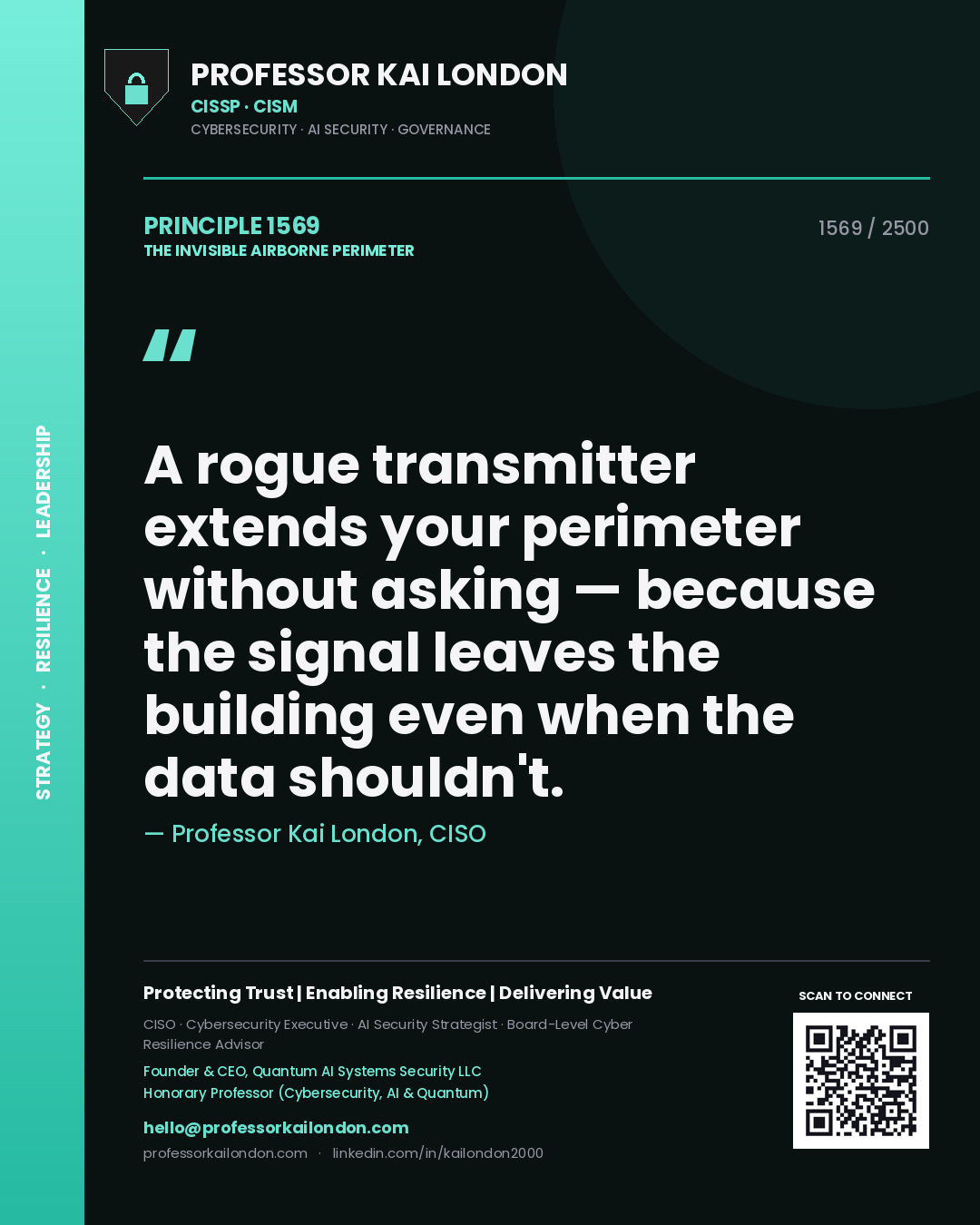 Professor Kai London principle 1569: A rogue transmitter extends your perimeter without asking — because the signal leaves the building even when the data shouldn't.