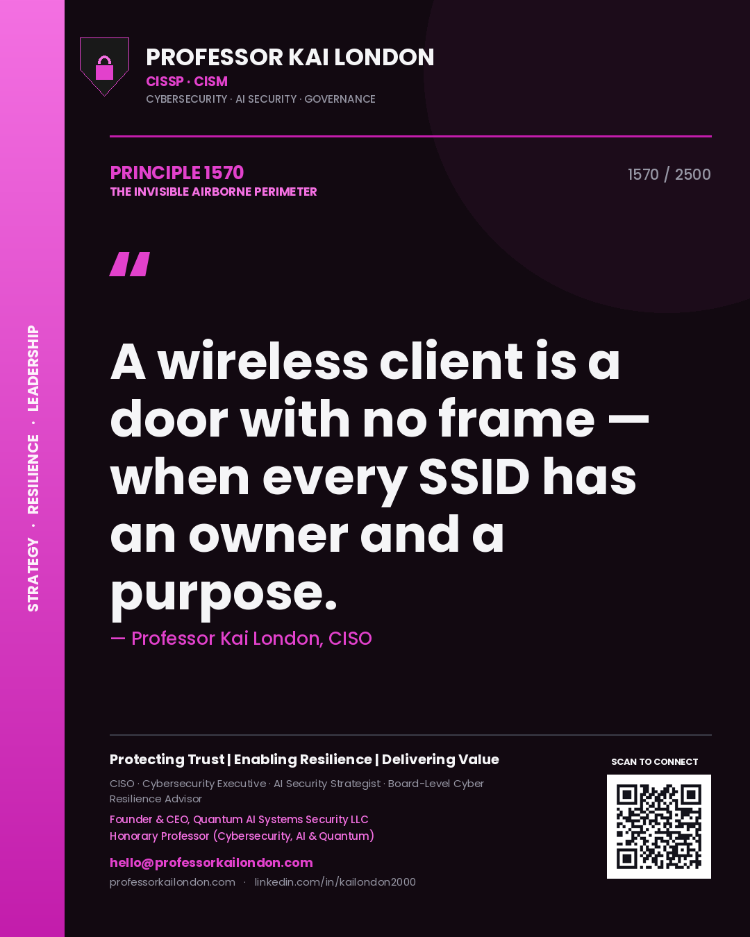Professor Kai London principle 1570: A wireless client is a door with no frame — when every SSID has an owner and a purpose.