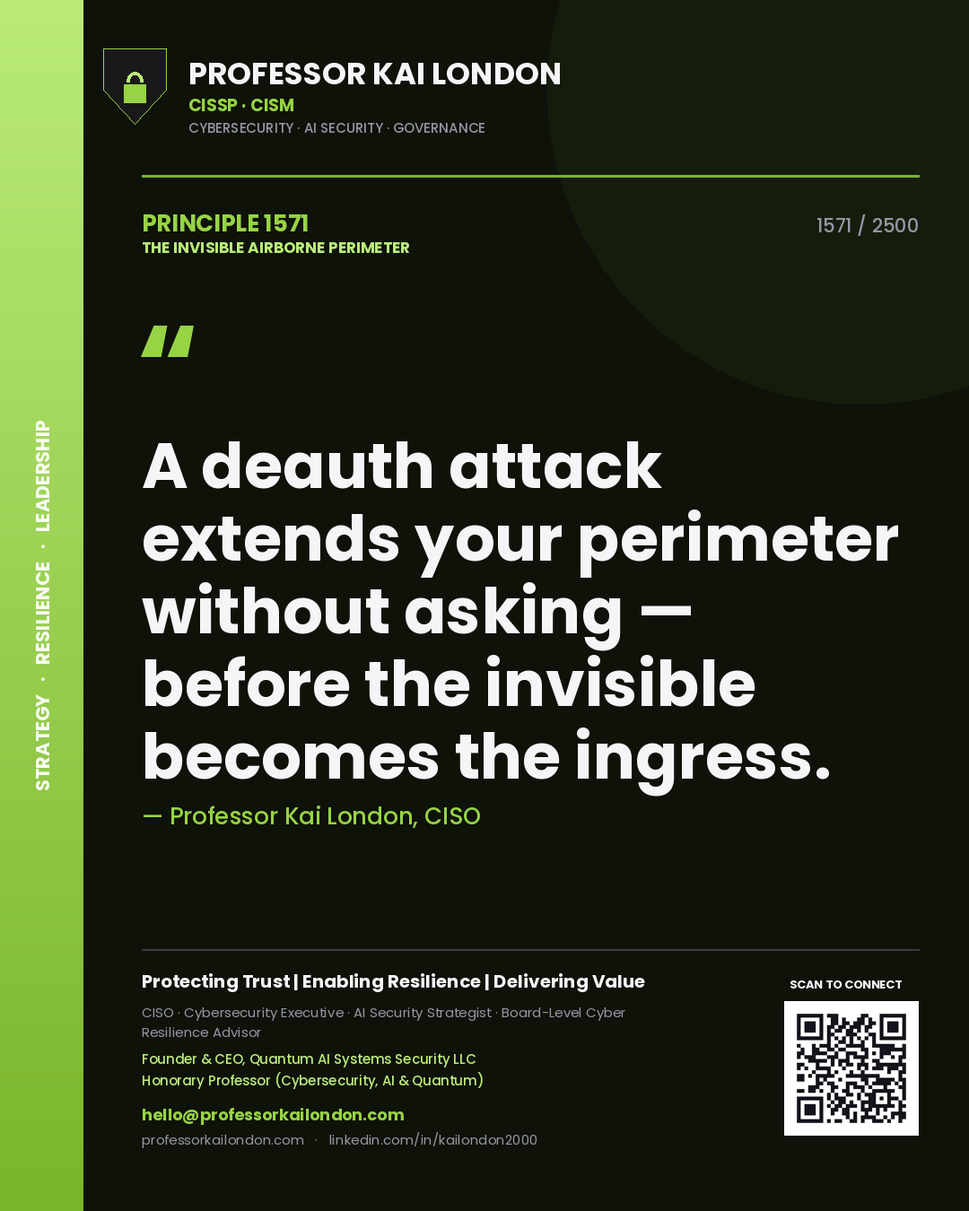 Quote card by Professor Kai London reading 'A deauth attack extends your perimeter without asking — before the invisible becomes the ingress.'. From the book The Invisible Airborne Perimeter.