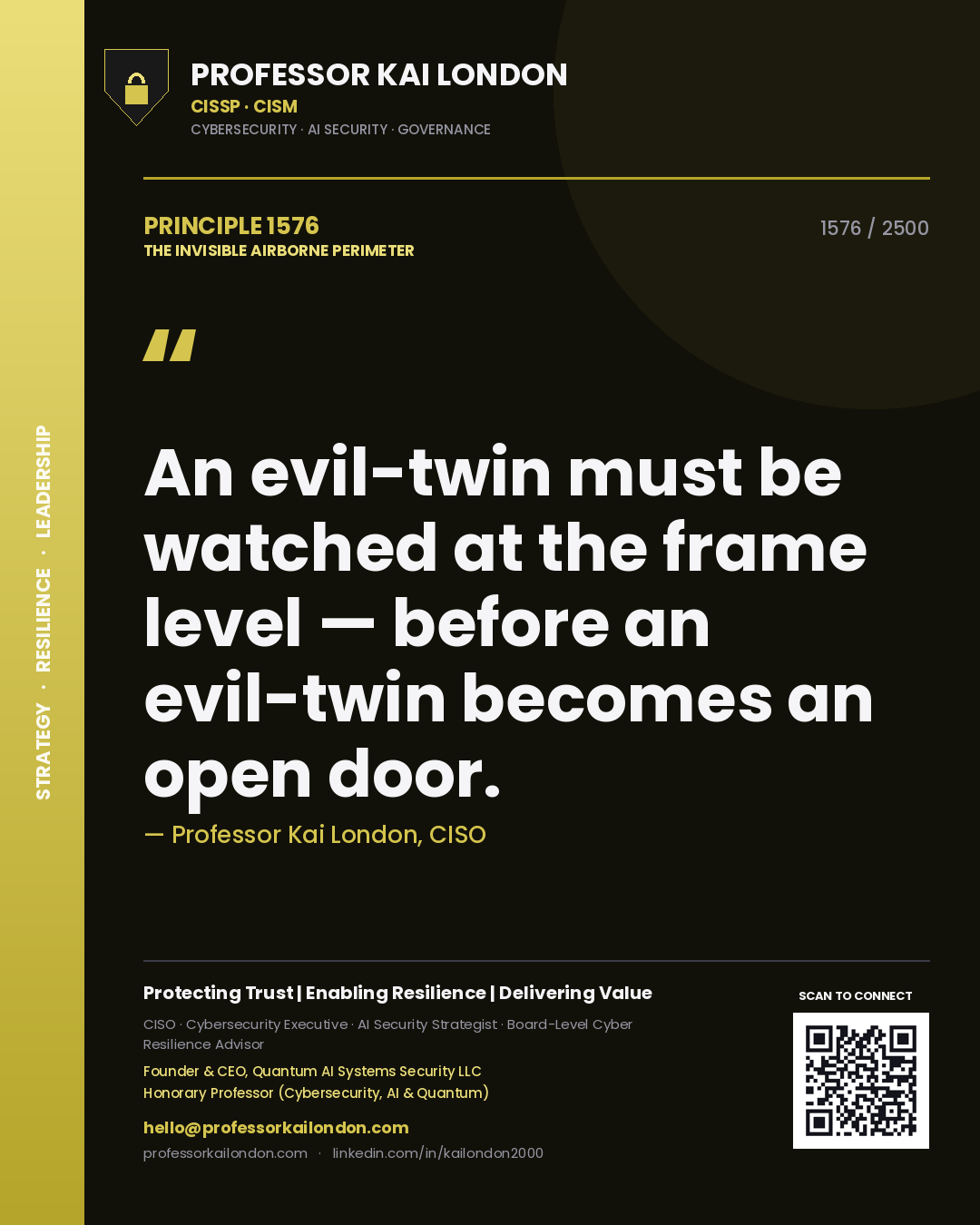 Quote card by Professor Kai London reading 'An evil-twin must be watched at the frame level — before an evil-twin becomes an open door.'. From the book The Invisible Airborne Perimeter.