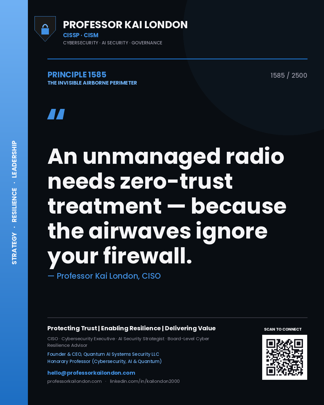 Quote card by Professor Kai London reading 'An unmanaged radio needs zero-trust treatment — because the airwaves ignore your firewall.'. From the book The Invisible Airborne Perimeter.