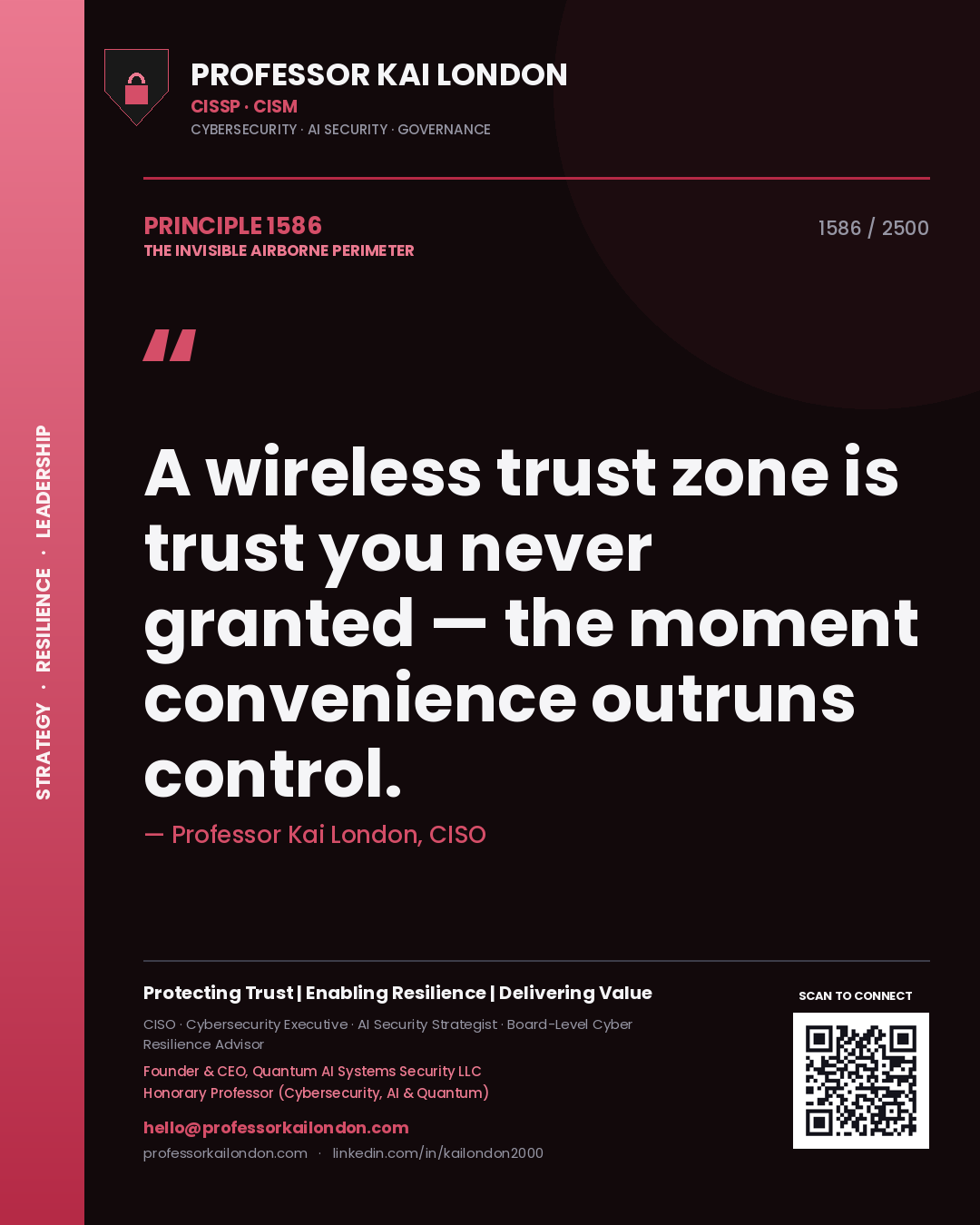 Professor Kai London principle 1586: A wireless trust zone is trust you never granted — the moment convenience outruns control.