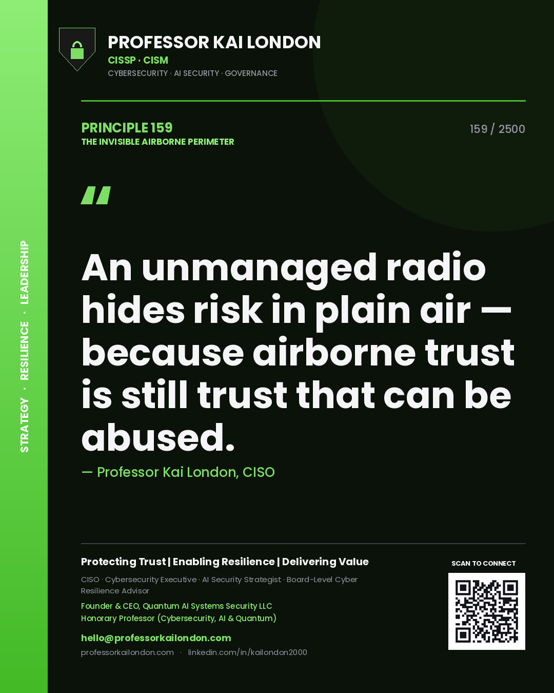 Quote card by Professor Kai London reading 'An unmanaged radio hides risk in plain air — because airborne trust is still trust that can be abused.'. From the book The Invisible Airborne Perimeter.