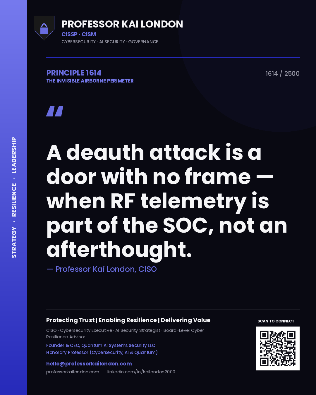 Quote card by Professor Kai London reading 'A deauth attack is a door with no frame — when RF telemetry is part of the SOC, not an afterthought.'. From the book The Invisible Airborne Perimeter.