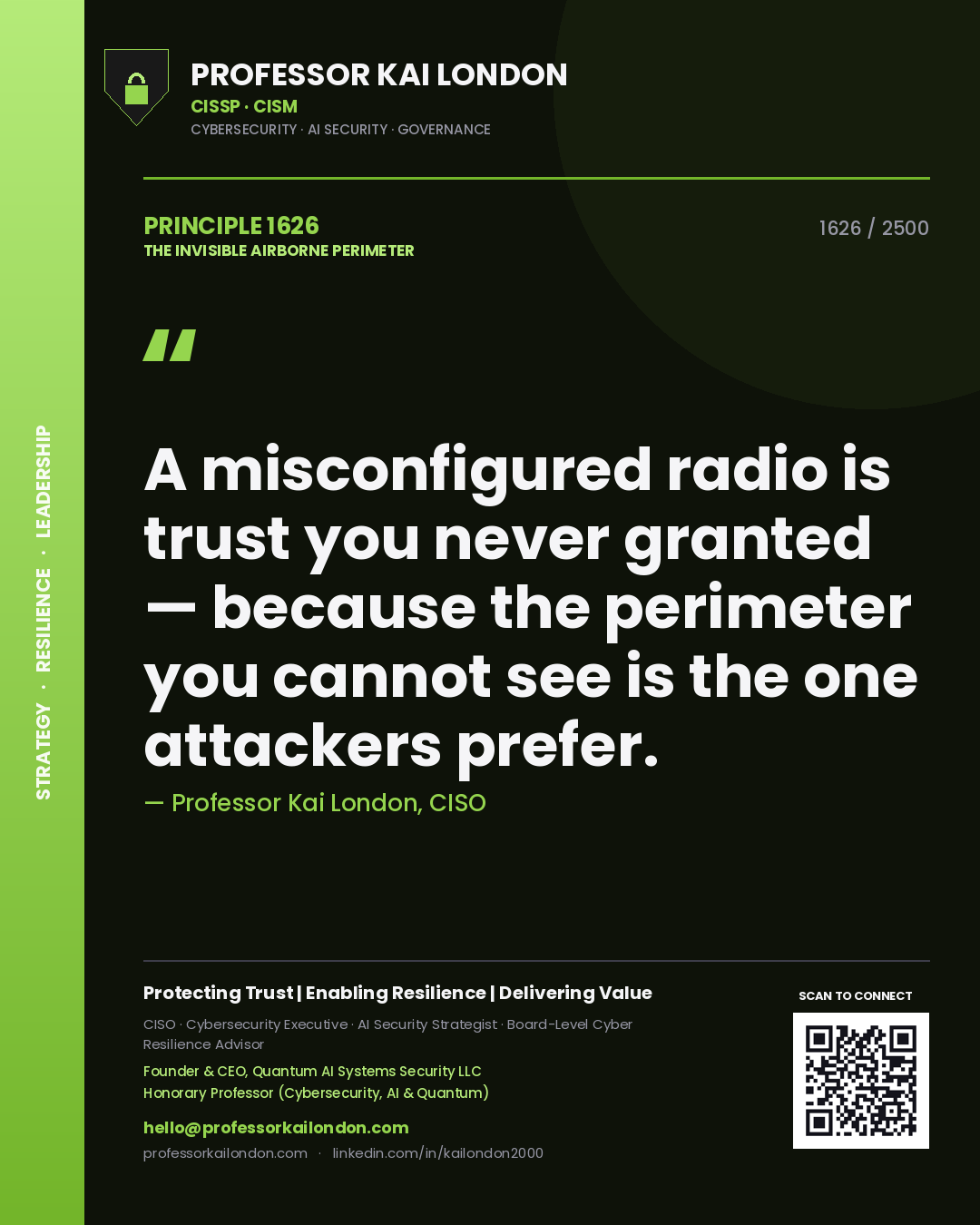 Professor Kai London principle 1626: A misconfigured radio is trust you never granted — because the perimeter you cannot see is the one attackers prefer.