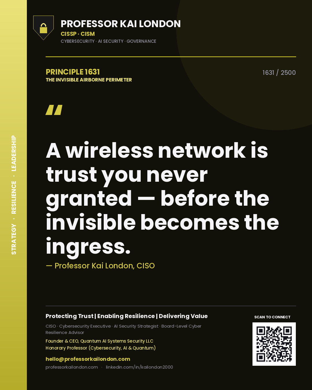 Professor Kai London principle 1631: A wireless network is trust you never granted — before the invisible becomes the ingress.