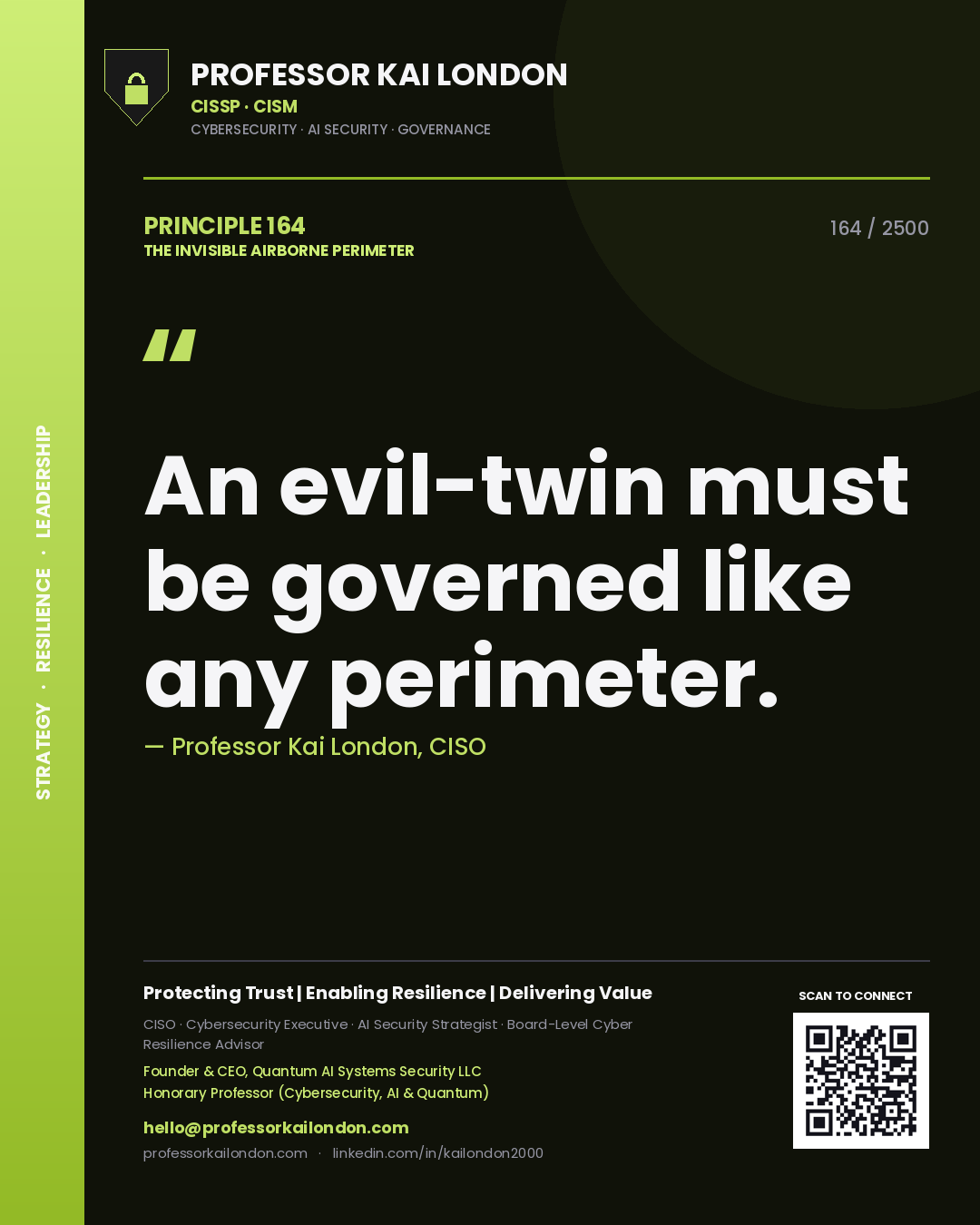 Quote card by Professor Kai London reading 'An evil-twin must be governed like any perimeter.'. From the book The Invisible Airborne Perimeter.