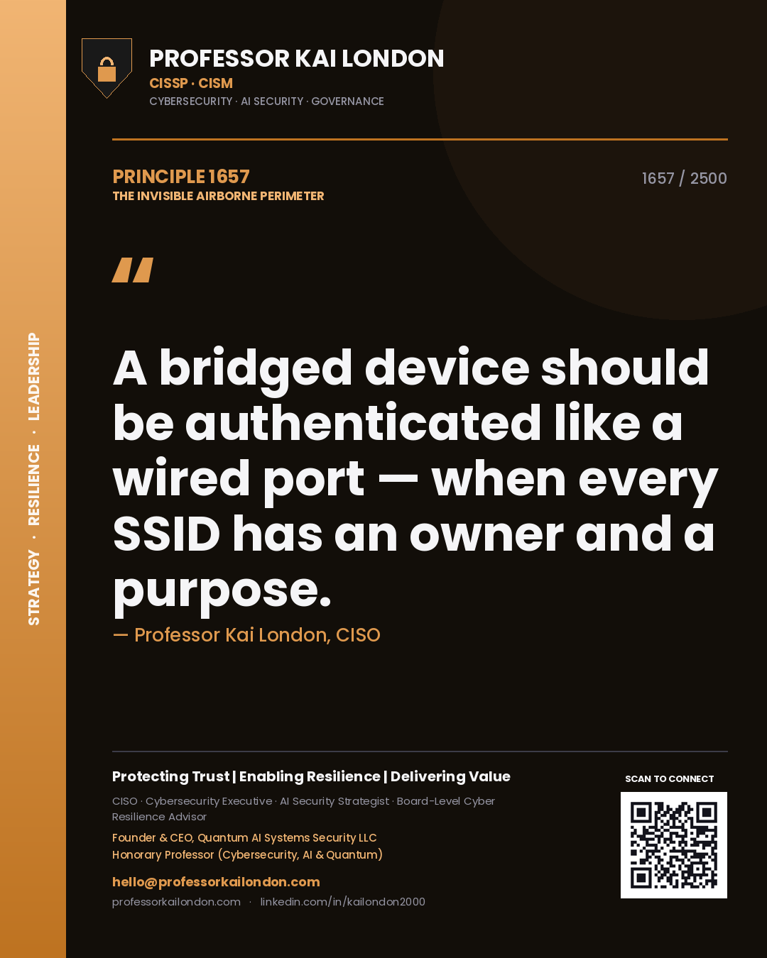 Professor Kai London principle 1657: A bridged device should be authenticated like a wired port — when every SSID has an owner and a purpose.
