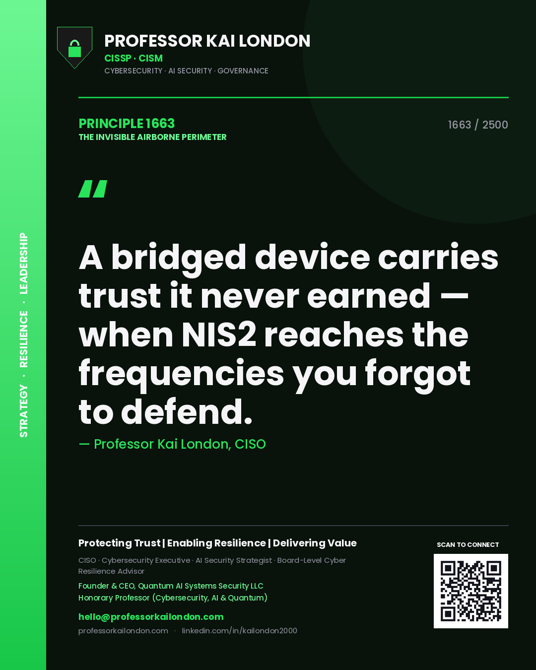 Professor Kai London principle 1663: A bridged device carries trust it never earned — when NIS2 reaches the frequencies you forgot to defend.