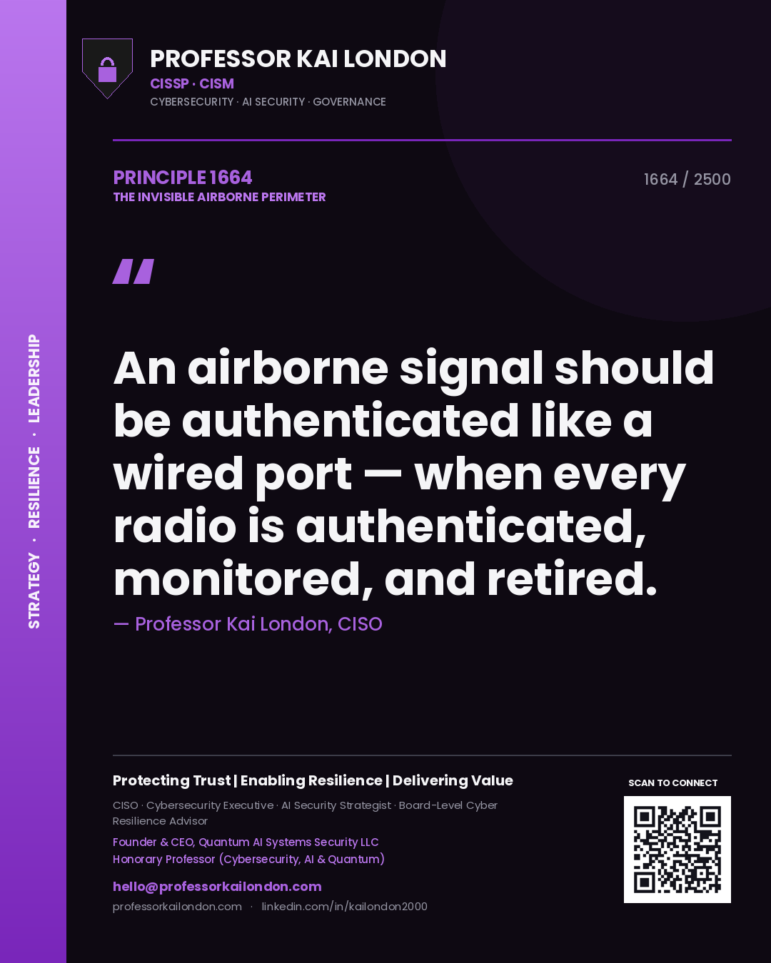 Quote card by Professor Kai London reading 'An airborne signal should be authenticated like a wired port — when every radio is authenticated, monitored, and retired.'. From the book The Invisible Airborne Perimeter.