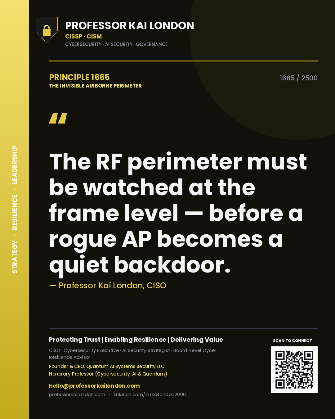 Professor Kai London principle 1665: The RF perimeter must be watched at the frame level — before a rogue AP becomes a quiet backdoor.