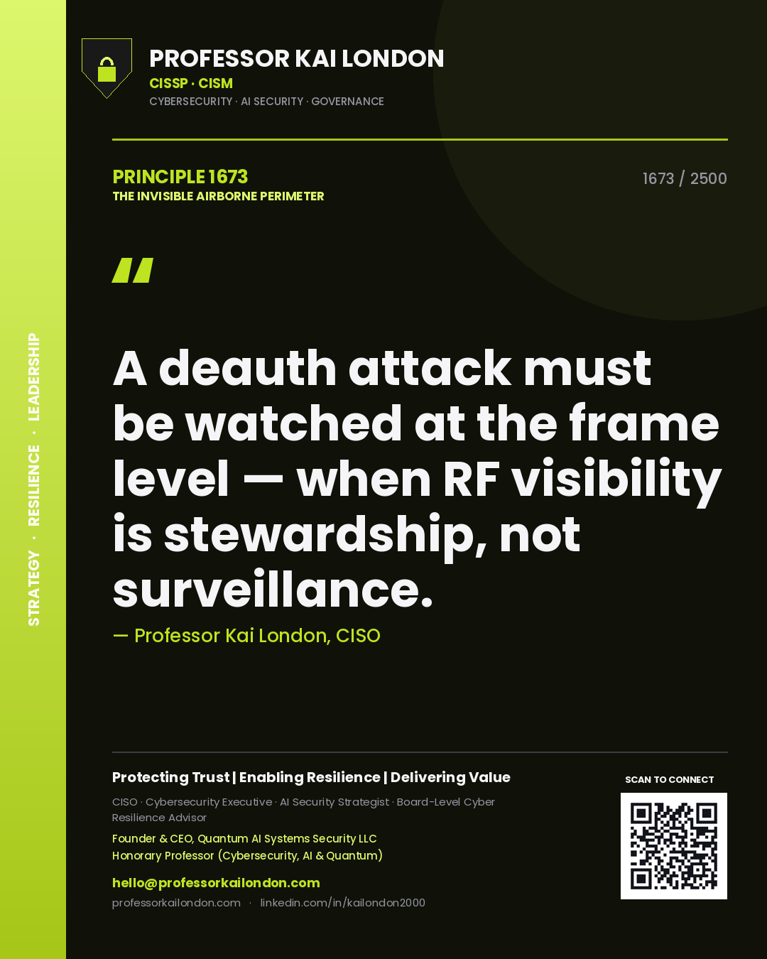 Quote card by Professor Kai London reading 'A deauth attack must be watched at the frame level — when RF visibility is stewardship, not surveillance.'. From the book The Invisible Airborne Perimeter.