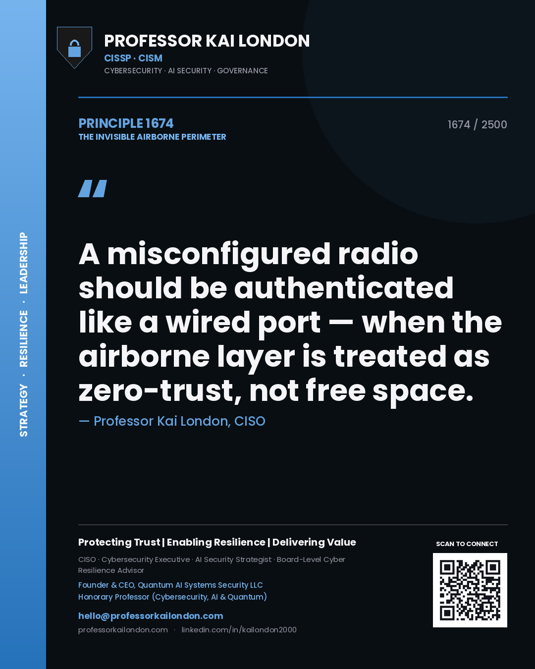 Professor Kai London principle 1674: A misconfigured radio should be authenticated like a wired port — when the airborne layer is treated as zero-trust, not free space.