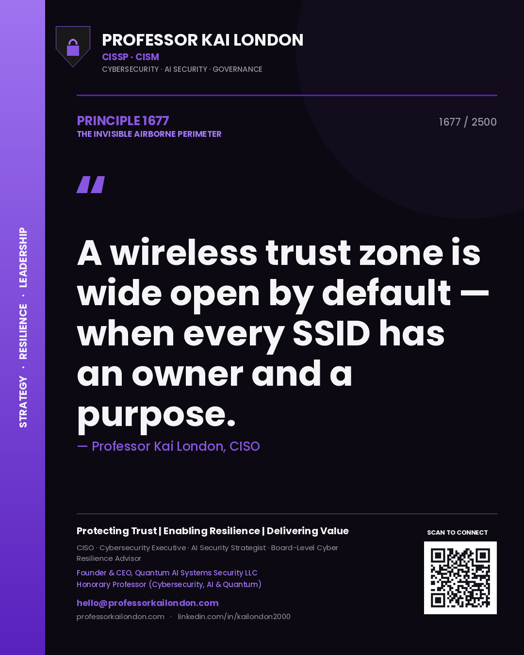 Professor Kai London principle 1677: A wireless trust zone is wide open by default — when every SSID has an owner and a purpose.