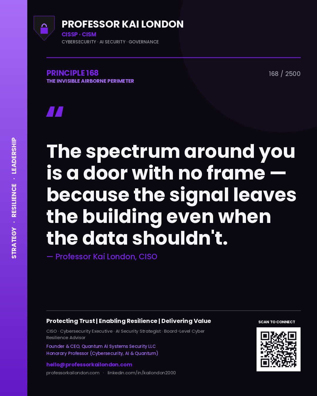 Professor Kai London principle 168: The spectrum around you is a door with no frame — because the signal leaves the building even when the data shouldn't.