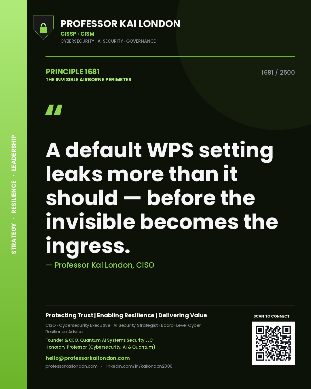 Quote card by Professor Kai London reading 'A default WPS setting leaks more than it should — before the invisible becomes the ingress.'. From the book The Invisible Airborne Perimeter.