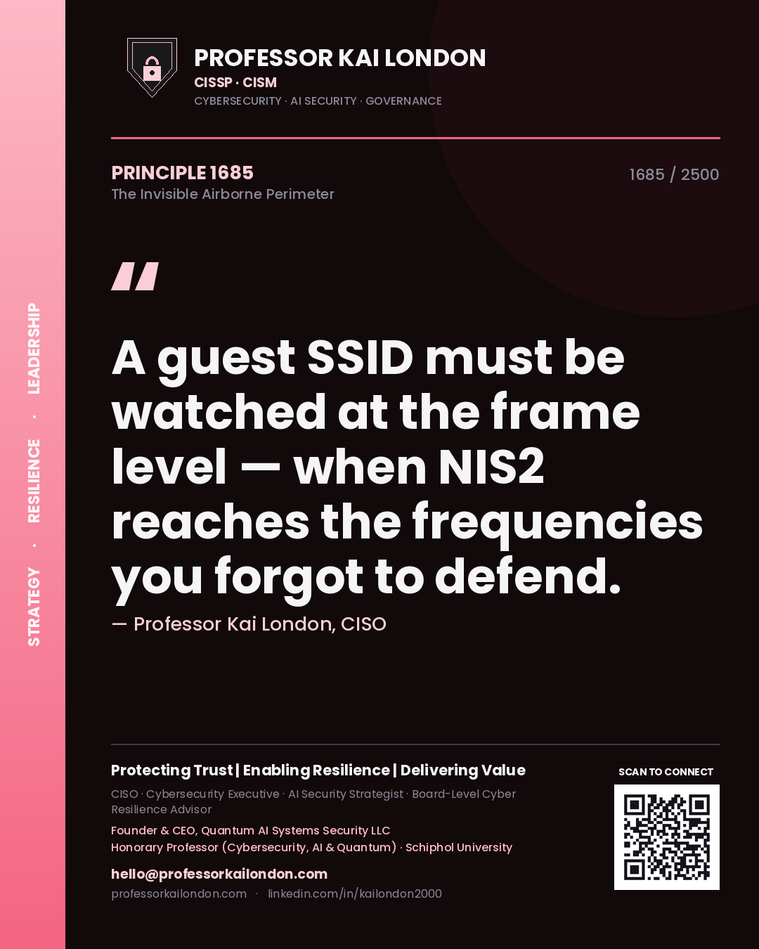 Quote card by Professor Kai London reading 'A guest SSID must be watched at the frame level — when NIS2 reaches the frequencies you forgot to defend.'. From the book The Invisible Airborne Perimeter.