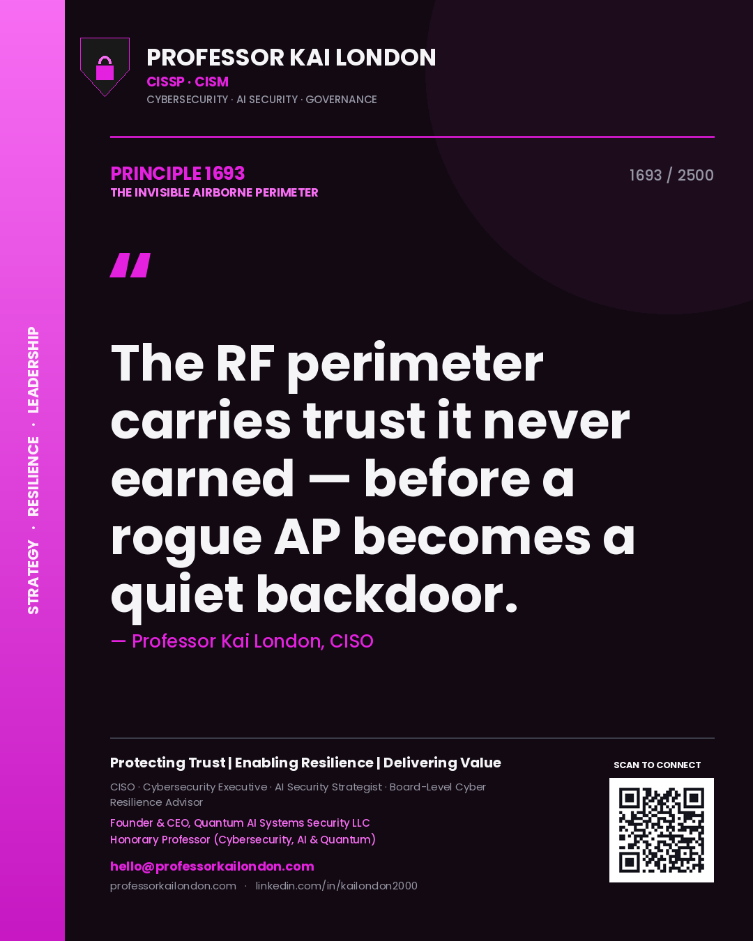 Professor Kai London principle 1693: The RF perimeter carries trust it never earned — before a rogue AP becomes a quiet backdoor.