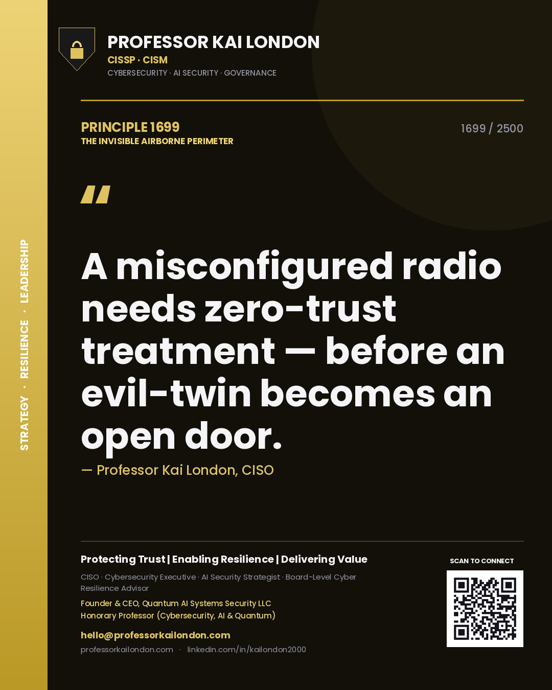 Quote card by Professor Kai London reading 'A misconfigured radio needs zero-trust treatment — before an evil-twin becomes an open door.'. From the book The Invisible Airborne Perimeter.