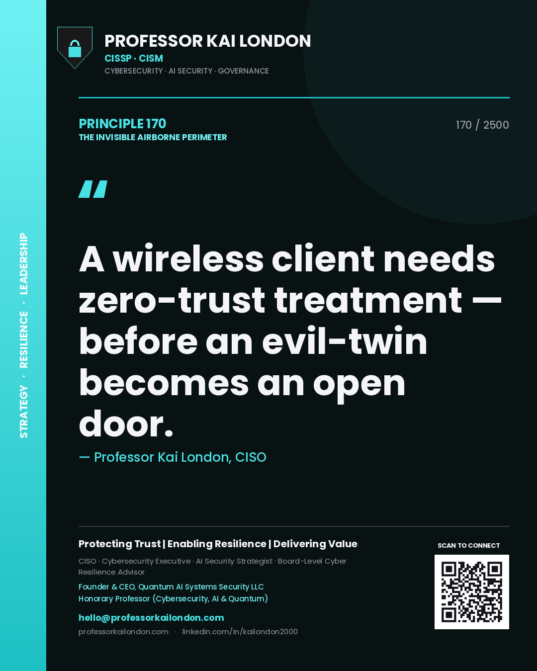 Quote card by Professor Kai London reading 'A wireless client needs zero-trust treatment — before an evil-twin becomes an open door.'. From the book The Invisible Airborne Perimeter.