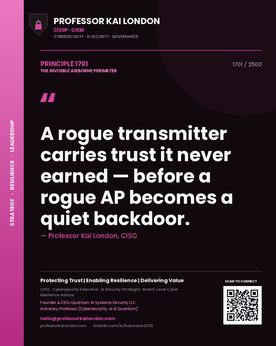 Quote card by Professor Kai London reading 'A rogue transmitter carries trust it never earned — before a rogue AP becomes a quiet backdoor.'. From the book The Invisible Airborne Perimeter.