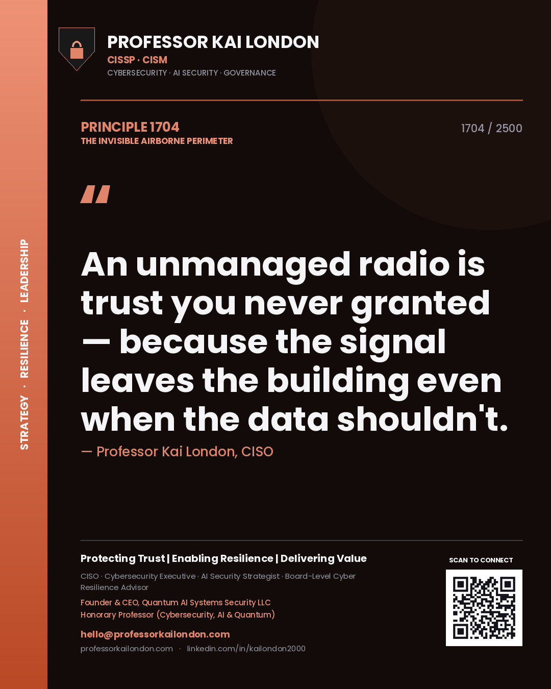 Quote card by Professor Kai London reading 'An unmanaged radio is trust you never granted — because the signal leaves the building even when the data shouldn't.'. From the book The Invisible Airborne Perimeter.