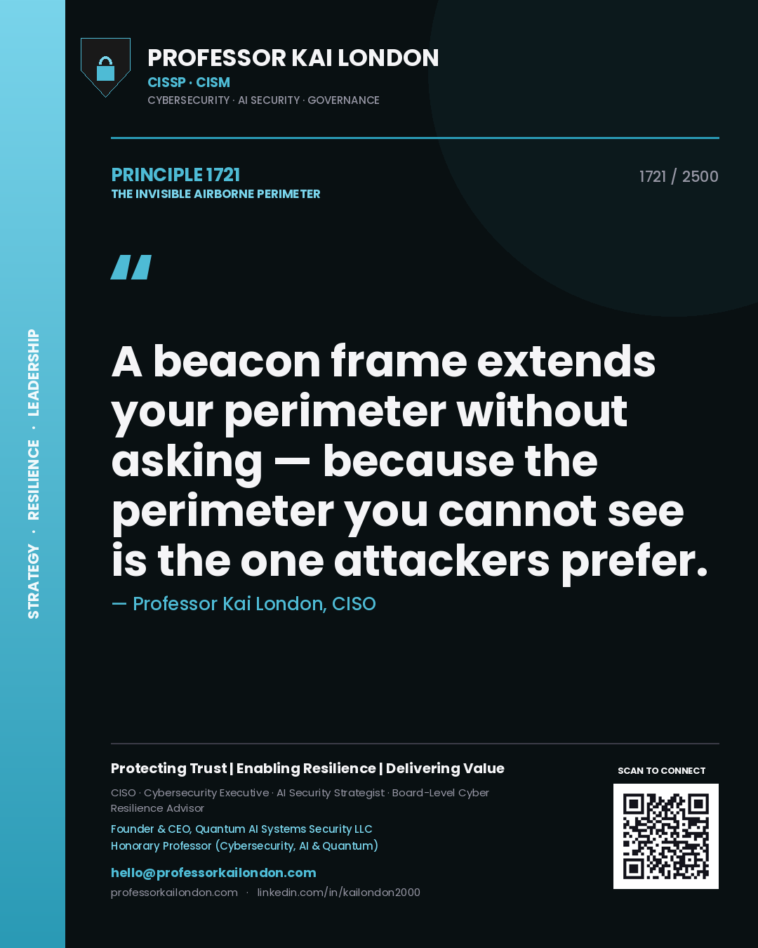 Quote card by Professor Kai London reading 'A beacon frame extends your perimeter without asking — because the perimeter you cannot see is the one attackers prefer.'. From the book The Invisible Airborne Perimeter.