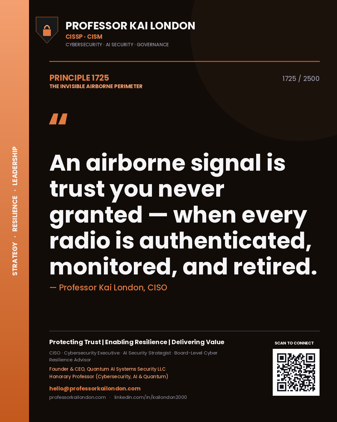 Quote card by Professor Kai London reading 'An airborne signal is trust you never granted — when every radio is authenticated, monitored, and retired.'. From the book The Invisible Airborne Perimeter.