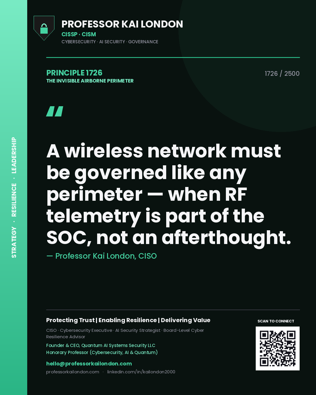 Quote card by Professor Kai London reading 'A wireless network must be governed like any perimeter — when RF telemetry is part of the SOC, not an afterthought.'. From the book The Invisible Airborne Perimeter.