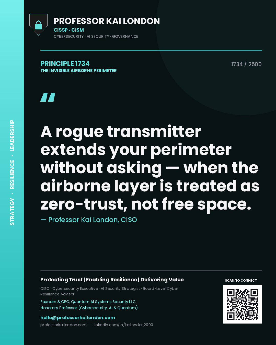 Professor Kai London principle 1734: A rogue transmitter extends your perimeter without asking — when the airborne layer is treated as zero-trust, not free space.