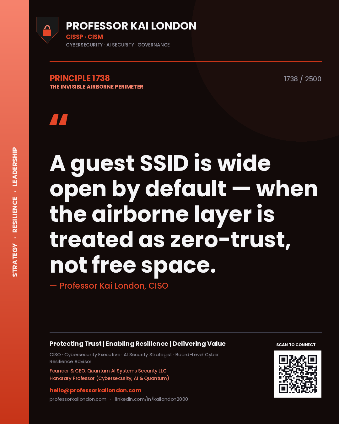 Professor Kai London principle 1738: A guest SSID is wide open by default — when the airborne layer is treated as zero-trust, not free space.