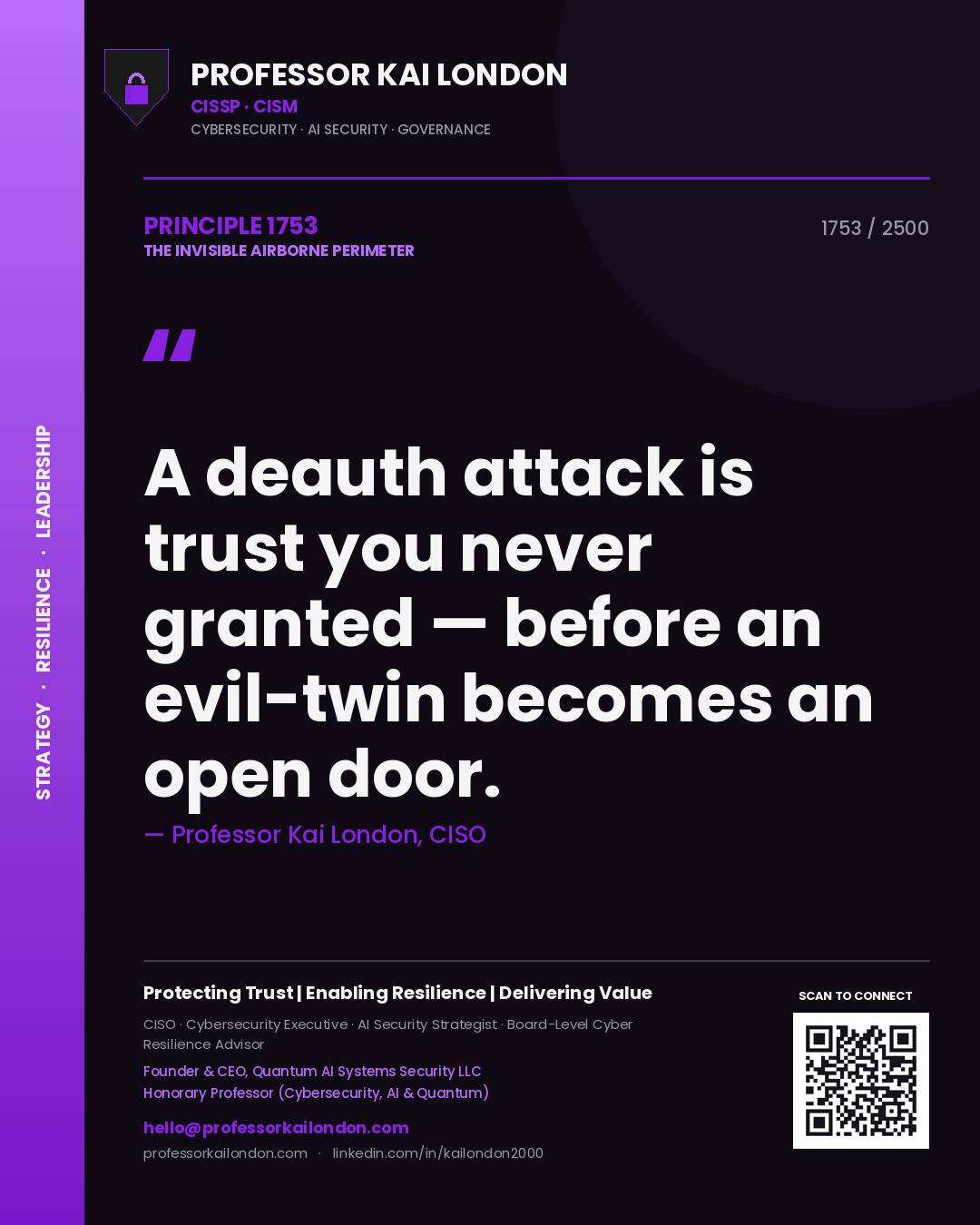 Professor Kai London principle 1753: A deauth attack is trust you never granted — before an evil-twin becomes an open door.