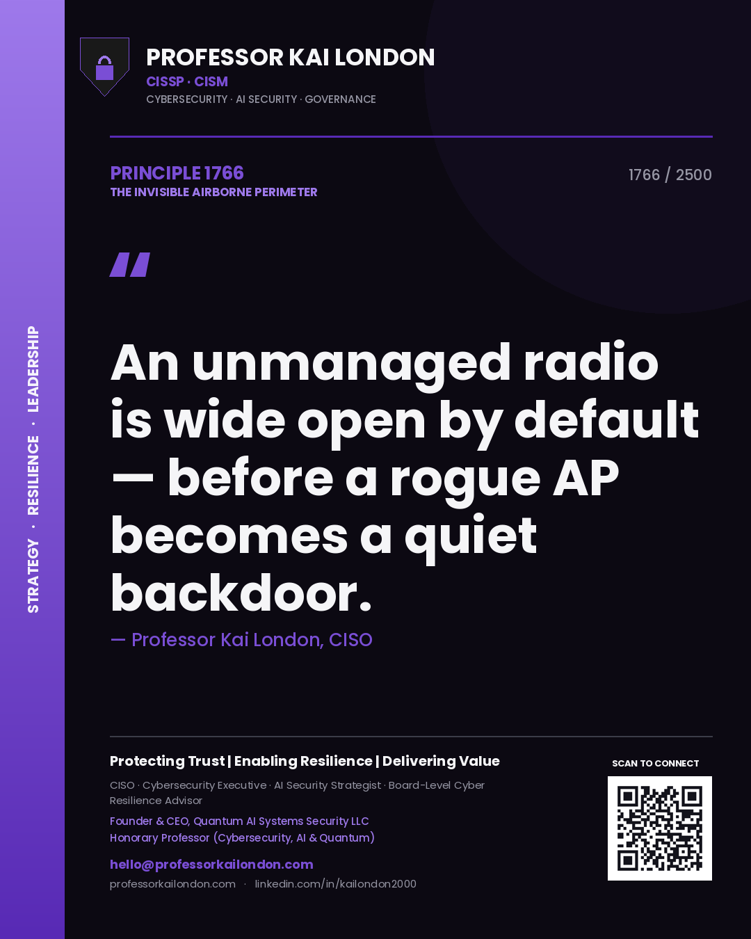 Quote card by Professor Kai London reading 'An unmanaged radio is wide open by default — before a rogue AP becomes a quiet backdoor.'. From the book The Invisible Airborne Perimeter.