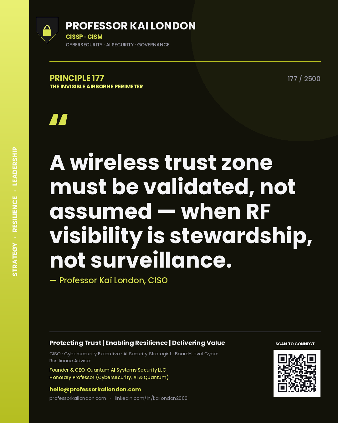 Quote card by Professor Kai London reading 'A wireless trust zone must be validated, not assumed — when RF visibility is stewardship, not surveillance.'. From the book The Invisible Airborne Perimeter.