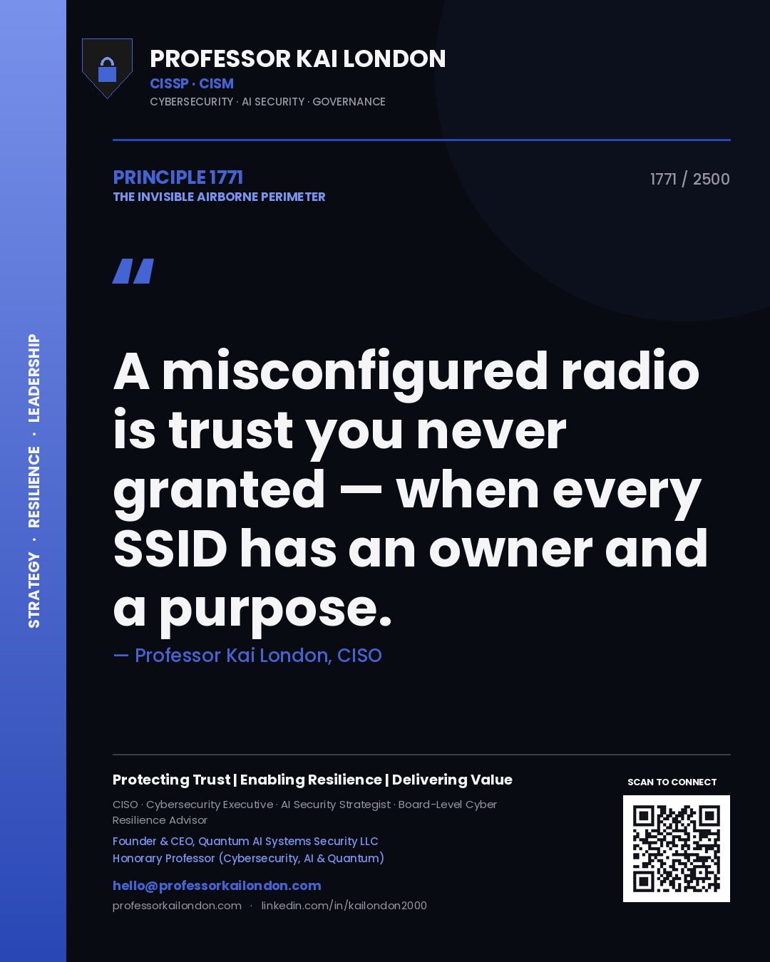 Quote card by Professor Kai London reading 'A misconfigured radio is trust you never granted — when every SSID has an owner and a purpose.'. From the book The Invisible Airborne Perimeter.